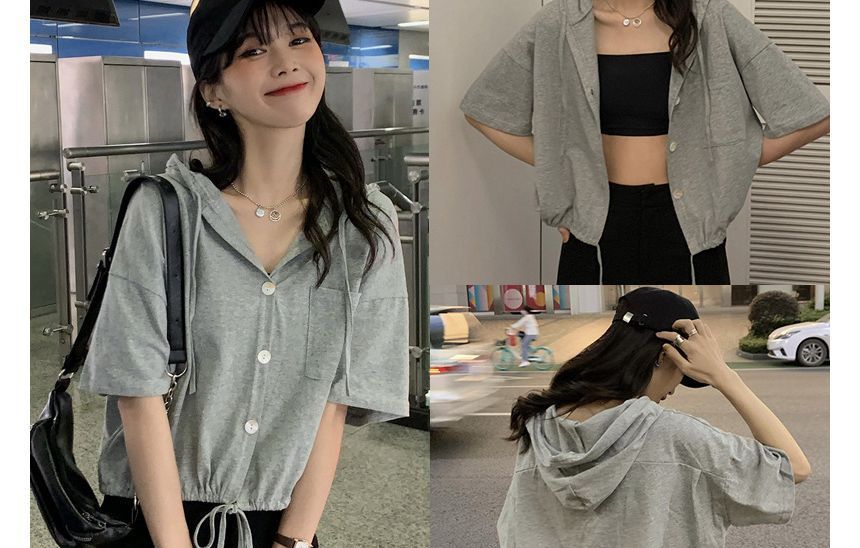 Button-Up Hooded Short-Sleeve Cropped Tee Plain