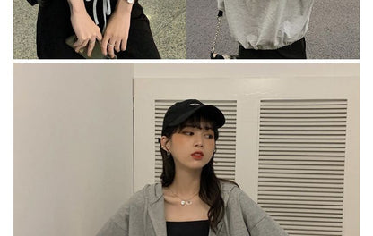 Button-Up Hooded Short-Sleeve Cropped Tee Plain