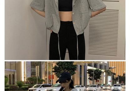 Button-Up Hooded Short-Sleeve Cropped Tee Plain