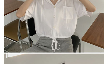 Button-Up Hooded Short-Sleeve Cropped Tee Plain