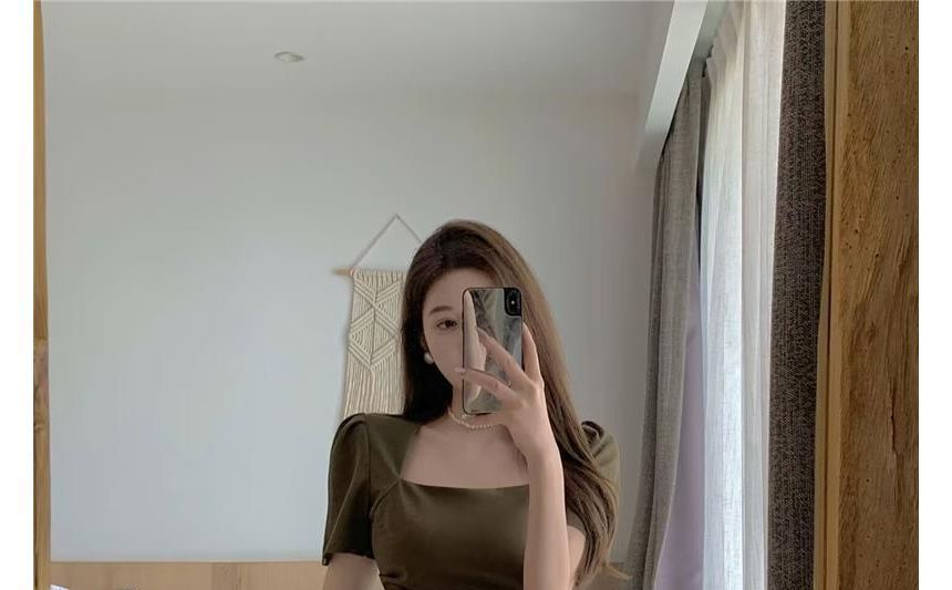 Neck Square Short-Sleeve Dress Plain A-Line Mini