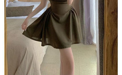 Neck Square Short-Sleeve Dress Plain A-Line Mini