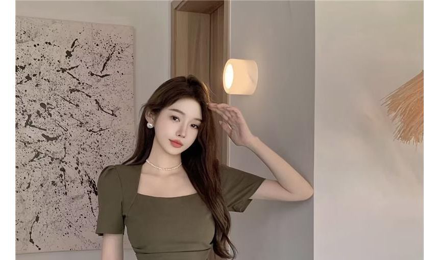 Neck Square Short-Sleeve Dress Plain A-Line Mini