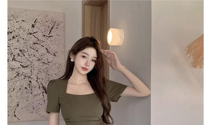 Neck Square Short-Sleeve Dress Plain A-Line Mini