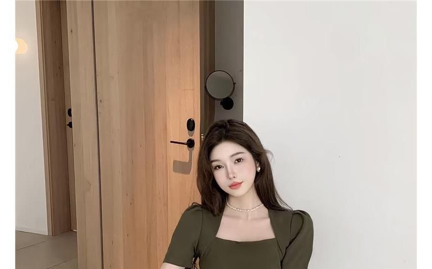 Neck Square Short-Sleeve Dress Plain A-Line Mini