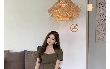 Neck Square Short-Sleeve Dress Plain A-Line Mini