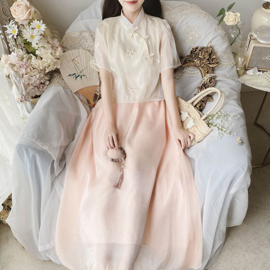 Set: Short Sleeve Mandarin Collar Floral Embroidered Blouse + High Rise Plain Maxi A-Line Skirt