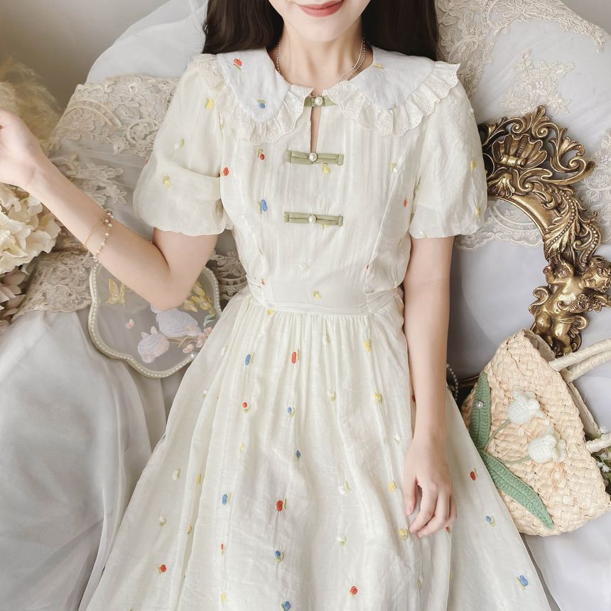 Short Sleeve Ruffle Collar Floral Embroidered Midi A-Line Dress