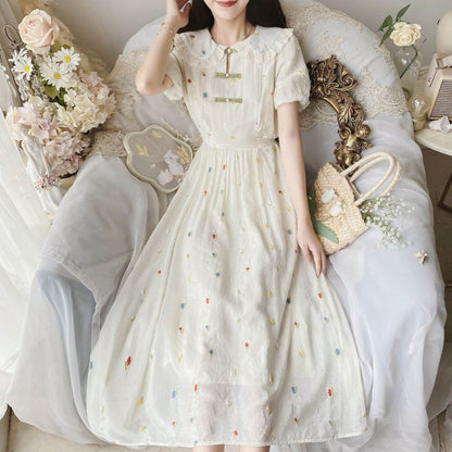 Short Sleeve Ruffle Collar Floral Embroidered Midi A-Line Dress