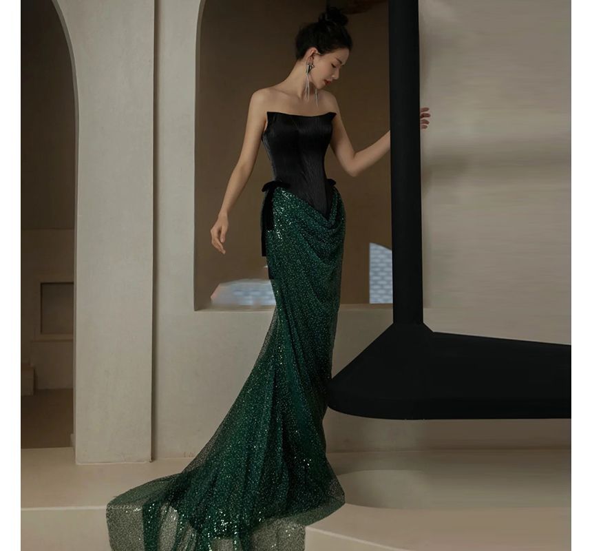 Strapless Sequin Trumpet Evening Gown