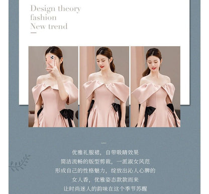 Robe de soirée trapèze unie à épaules dénudées et nœud