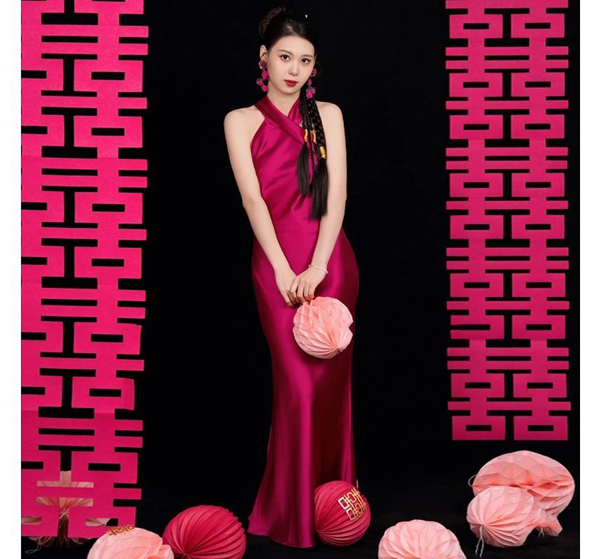 Robe de soirée trompette unie à licou