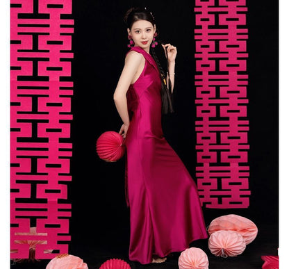 Robe de soirée trompette unie à licou