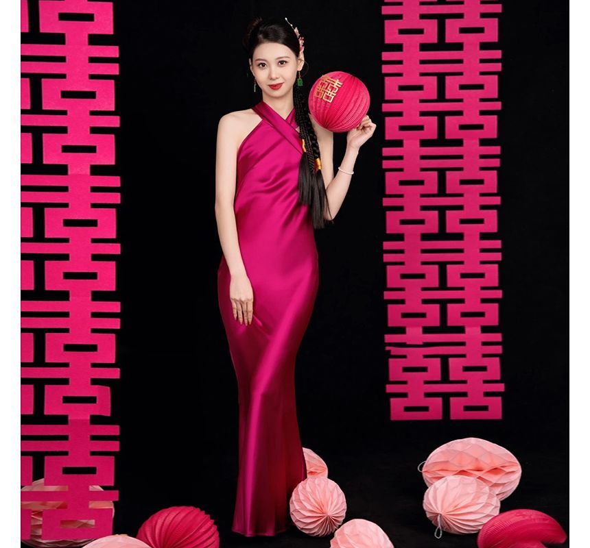 Robe de soirée trompette unie à licou