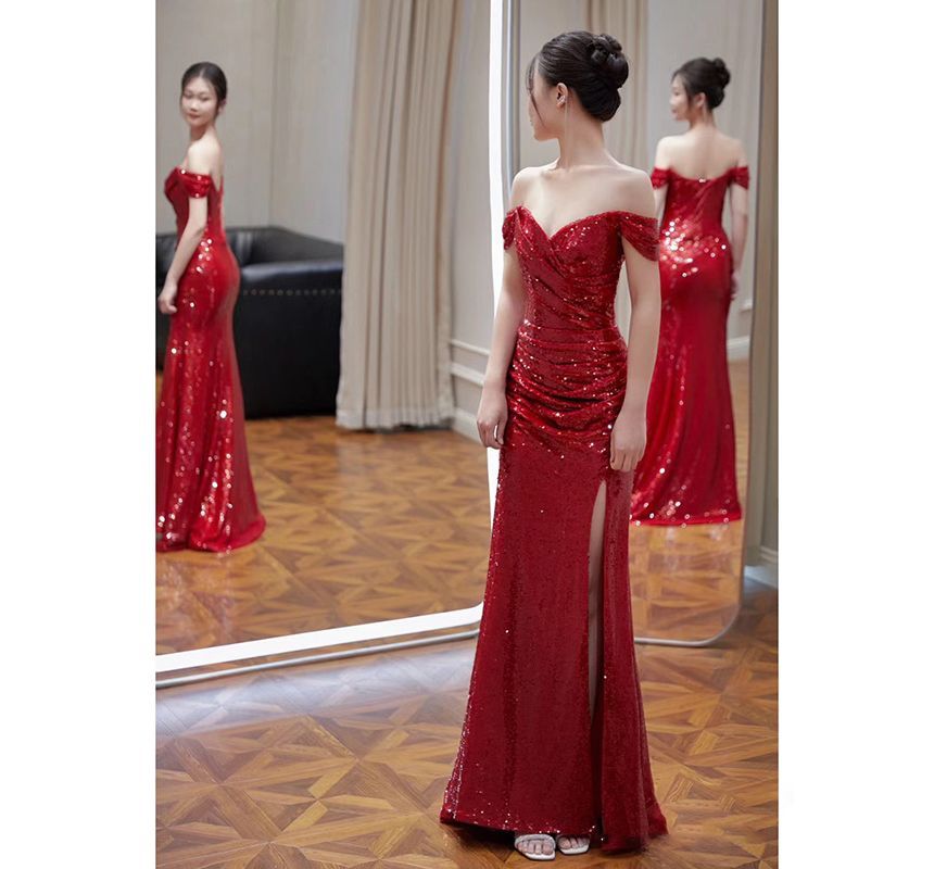 Off-Shoulder Sequin Side-Slit Trumpet Evening Gown