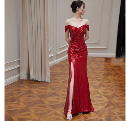 Off-Shoulder Sequin Side-Slit Trumpet Evening Gown