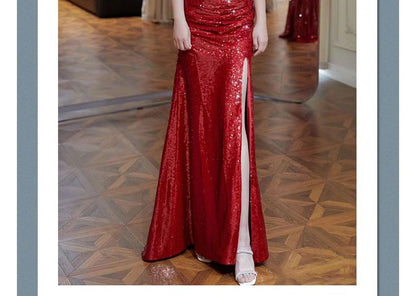 Off-Shoulder Sequin Side-Slit Trumpet Evening Gown