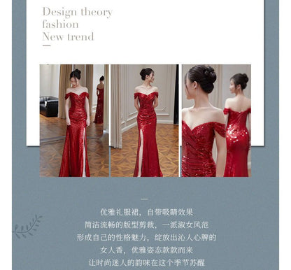 Off-Shoulder Sequin Side-Slit Trumpet Evening Gown