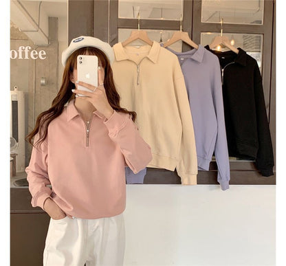 Plain Long-Sleeve Sweatshirt Polo-Neck Half-Zip