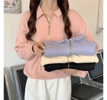 Plain Long-Sleeve Sweatshirt Polo-Neck Half-Zip