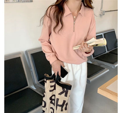 Plain Long-Sleeve Sweatshirt Polo-Neck Half-Zip