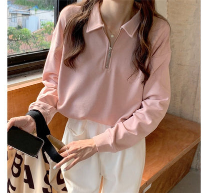 Plain Long-Sleeve Sweatshirt Polo-Neck Half-Zip