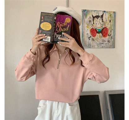 Plain Long-Sleeve Sweatshirt Polo-Neck Half-Zip