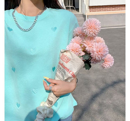 Tee Embroidered Neck Short-Sleeve Heart Round