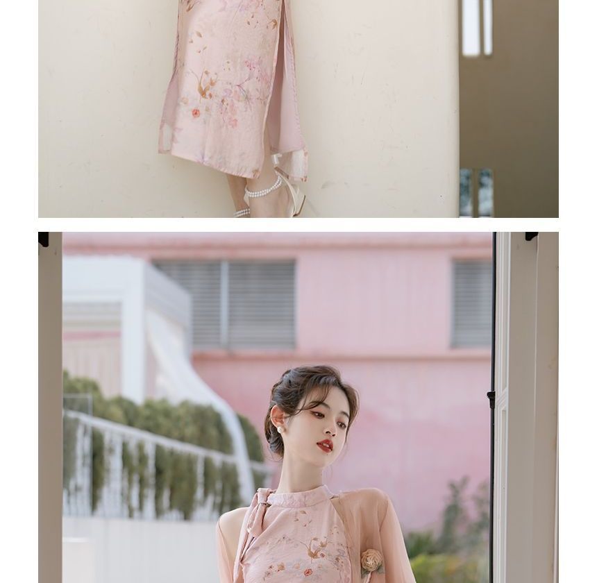 Sleeveless Tie Neck Floral Midi Qipao / Light Jacket / Set