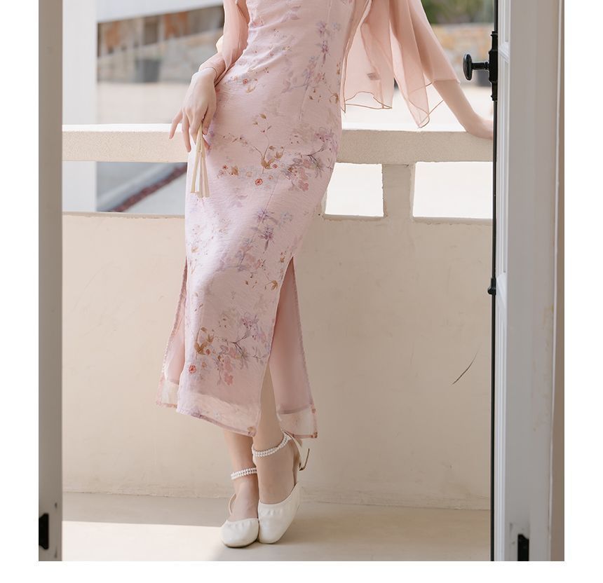 Sleeveless Tie Neck Floral Midi Qipao / Light Jacket / Set