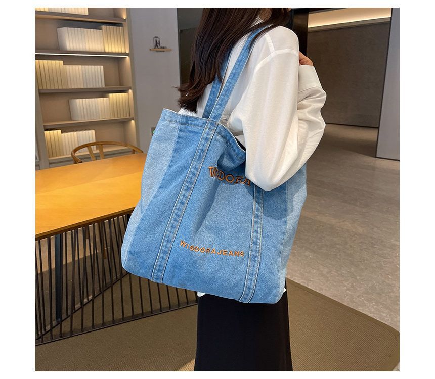 Lettering Embroidered Washed Denim Tote Bag