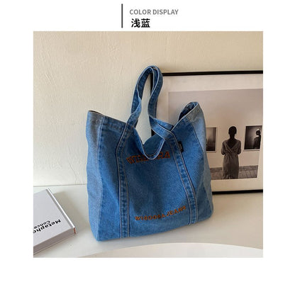 Lettering Embroidered Washed Denim Tote Bag