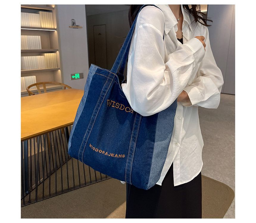 Lettering Embroidered Washed Denim Tote Bag