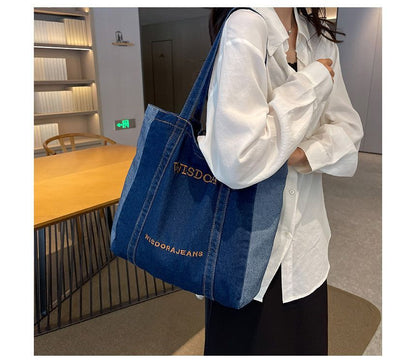 Lettering Embroidered Washed Denim Tote Bag