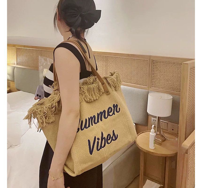 Letter Embroidered Fringed Trim Tote Bag