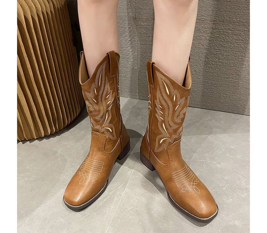 Embroidered Heel Chunky Cowboy Boots