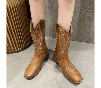 Embroidered Heel Chunky Cowboy Boots