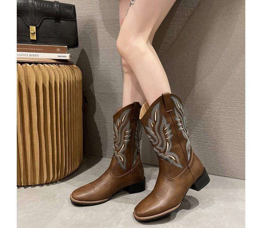 Embroidered Heel Chunky Cowboy Boots