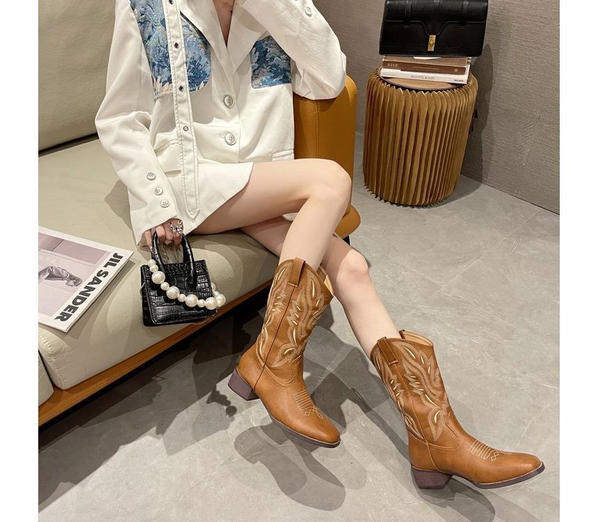 Embroidered Heel Chunky Cowboy Boots