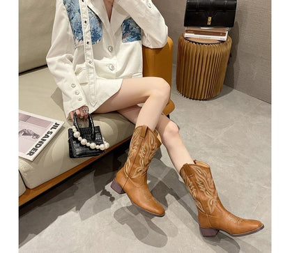 Embroidered Heel Chunky Cowboy Boots