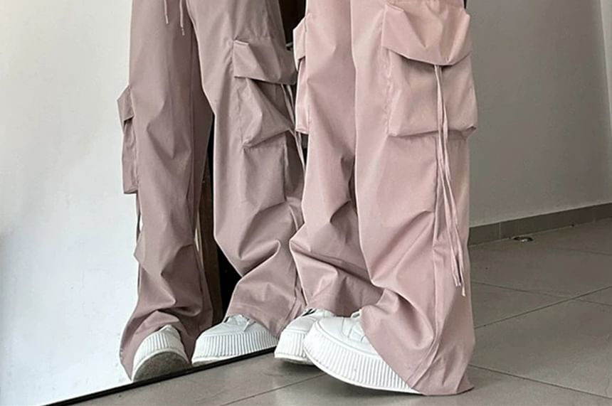 Mid Rise Plain Drawstring Cargo Baggy Pants