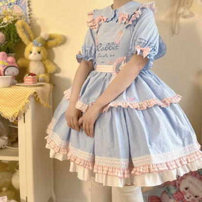 Puff-Sleeve Rabbit Ear Collar Heart Applique Gingham Ruffle Blouse