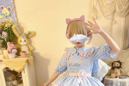 Puff-Sleeve Rabbit Ear Collar Heart Applique Gingham Ruffle Blouse