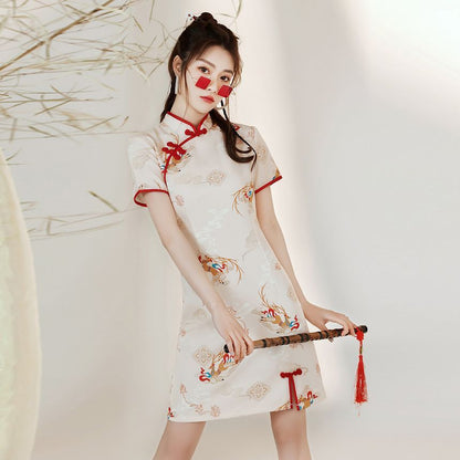 Short-Sleeve Deer Print Mini Qipao