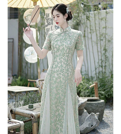 Short-Sleeve Floral Midi Qipao