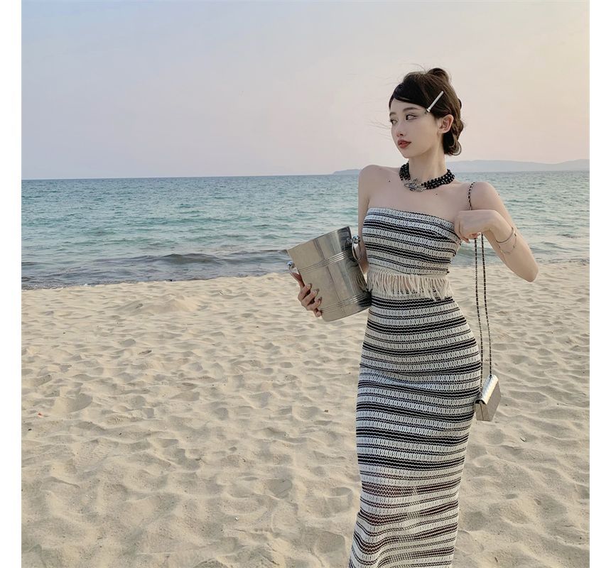 Set: Striped Tube Top + Mid Waist Maxi Pencil Skirt