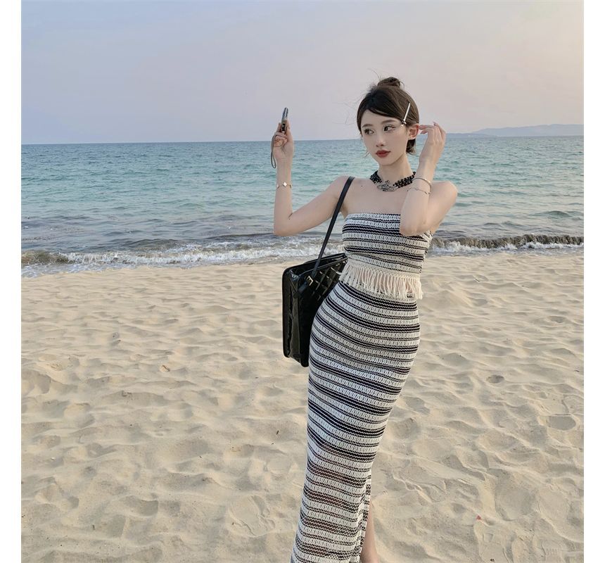 Set: Striped Tube Top + Mid Waist Maxi Pencil Skirt