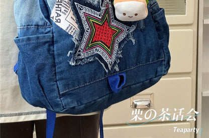 Star Applique Washed Paneled Denim Backpack