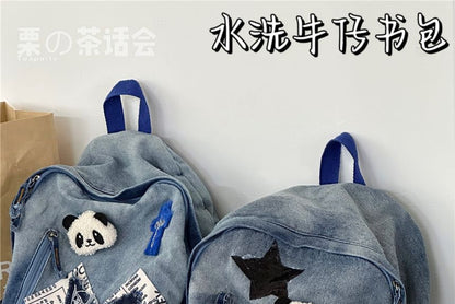 Star Applique Washed Paneled Denim Backpack