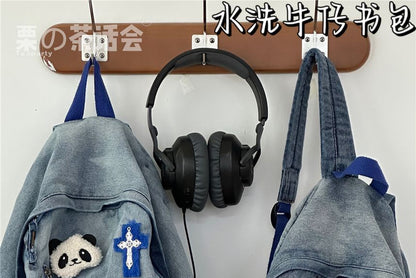 Star Applique Washed Paneled Denim Backpack